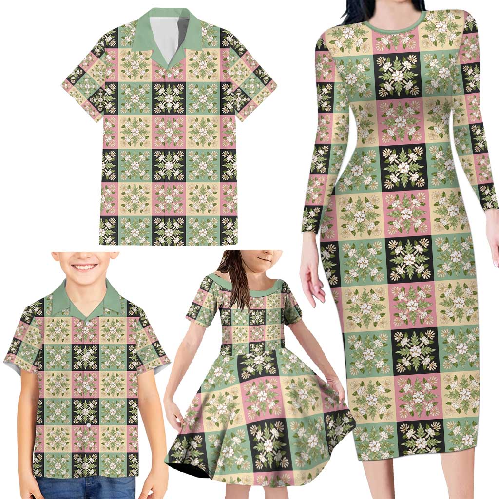 Seamless Pattern Maile and Pikake Lei Family Matching Long Sleeve Bodycon Dress and Hawaiian Shirt Squares Maile Leaf - Polynesian Pride