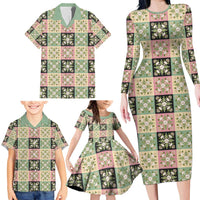 Seamless Pattern Maile and Pikake Lei Family Matching Long Sleeve Bodycon Dress and Hawaiian Shirt Squares Maile Leaf - Polynesian Pride