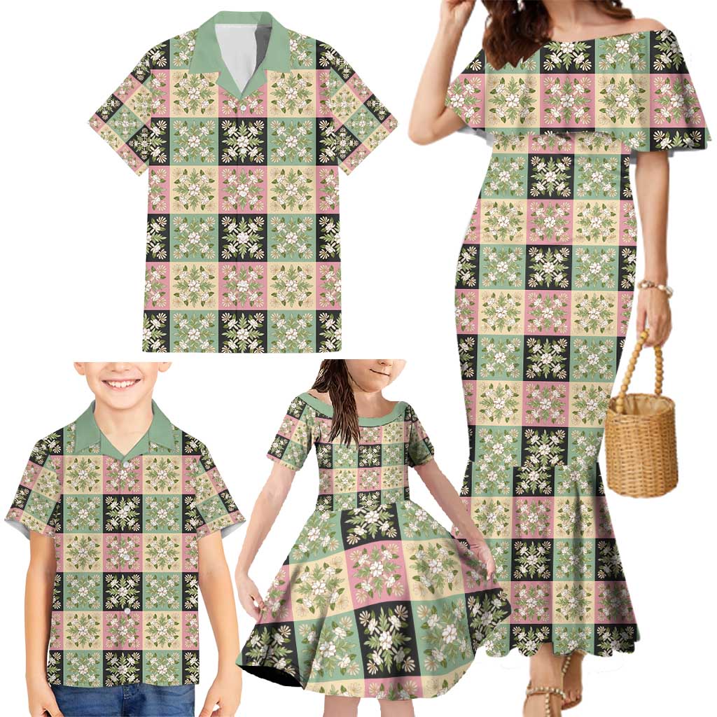 Seamless Pattern Maile and Pikake Lei Family Matching Mermaid Dress and Hawaiian Shirt Squares Maile Leaf - Polynesian Pride