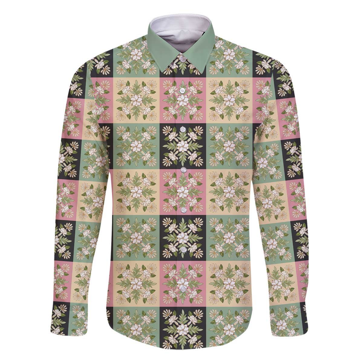 Seamless Pattern Maile and Pikake Lei Family Matching Off The Shoulder Long Sleeve Dress and Hawaiian Shirt Squares Maile Leaf - Polynesian Pride