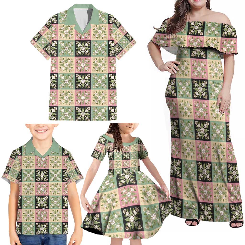 Seamless Pattern Maile and Pikake Lei Family Matching Off Shoulder Maxi Dress and Hawaiian Shirt Squares Maile Leaf - Polynesian Pride