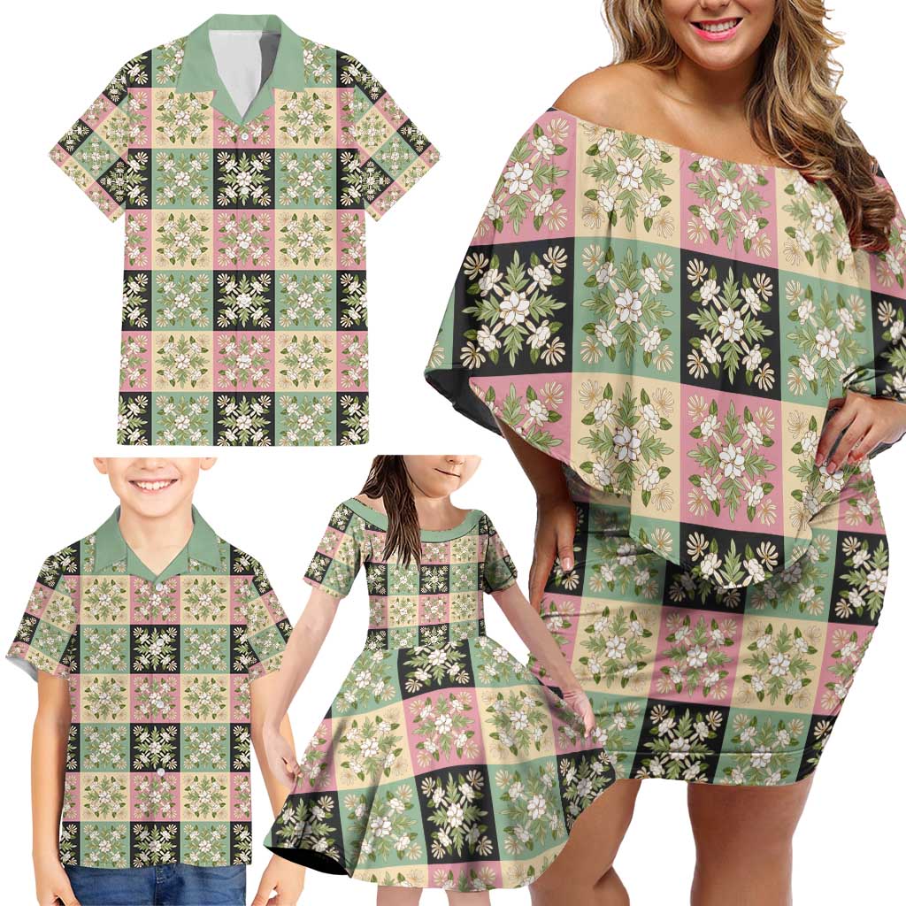 Seamless Pattern Maile and Pikake Lei Family Matching Off Shoulder Short Dress and Hawaiian Shirt Squares Maile Leaf - Polynesian Pride