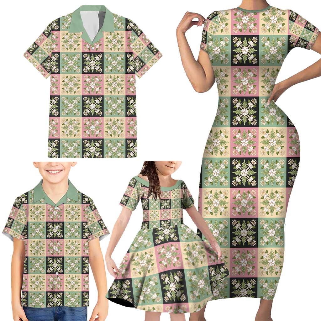 Seamless Pattern Maile and Pikake Lei Family Matching Short Sleeve Bodycon Dress and Hawaiian Shirt Squares Maile Leaf - Polynesian Pride