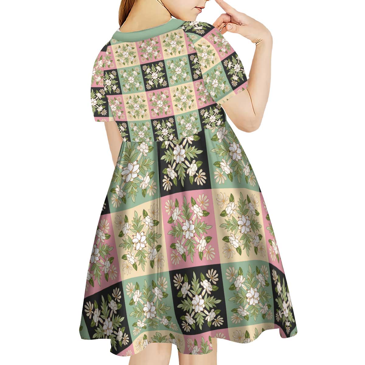 Seamless Pattern Maile and Pikake Lei Kid Short Sleeve Dress Squares Maile Leaf - Polynesian Pride