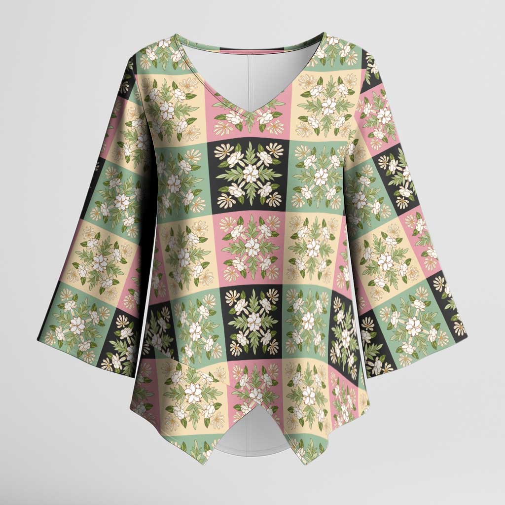 Seamless Pattern Maile and Pikake Lei Kimono Sleeve Blouse Squares Maile Leaf - Polynesian Pride