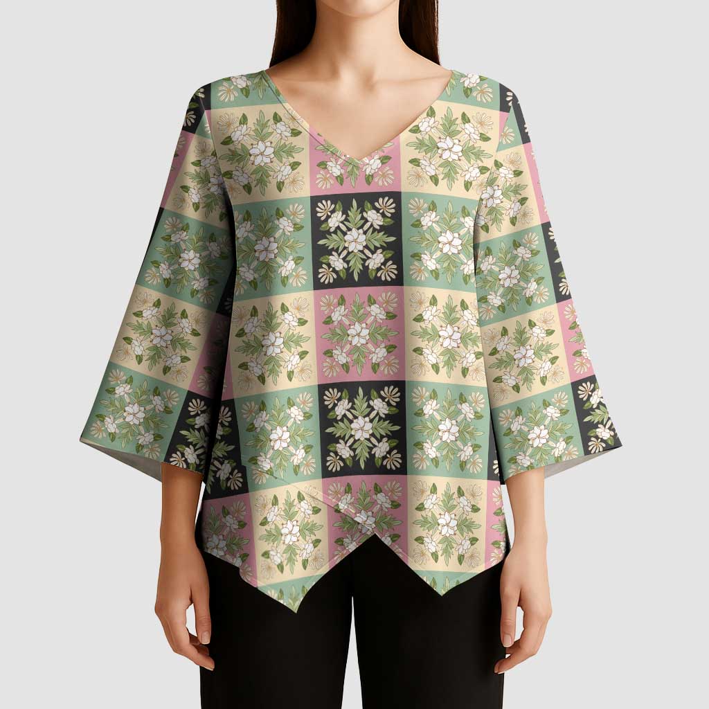 Seamless Pattern Maile and Pikake Lei Kimono Sleeve Blouse Squares Maile Leaf - Polynesian Pride