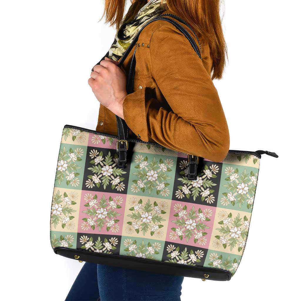 Seamless Pattern Maile and Pikake Lei Leather Tote Bag Squares Maile Leaf LT9 Green - Polynesian Pride