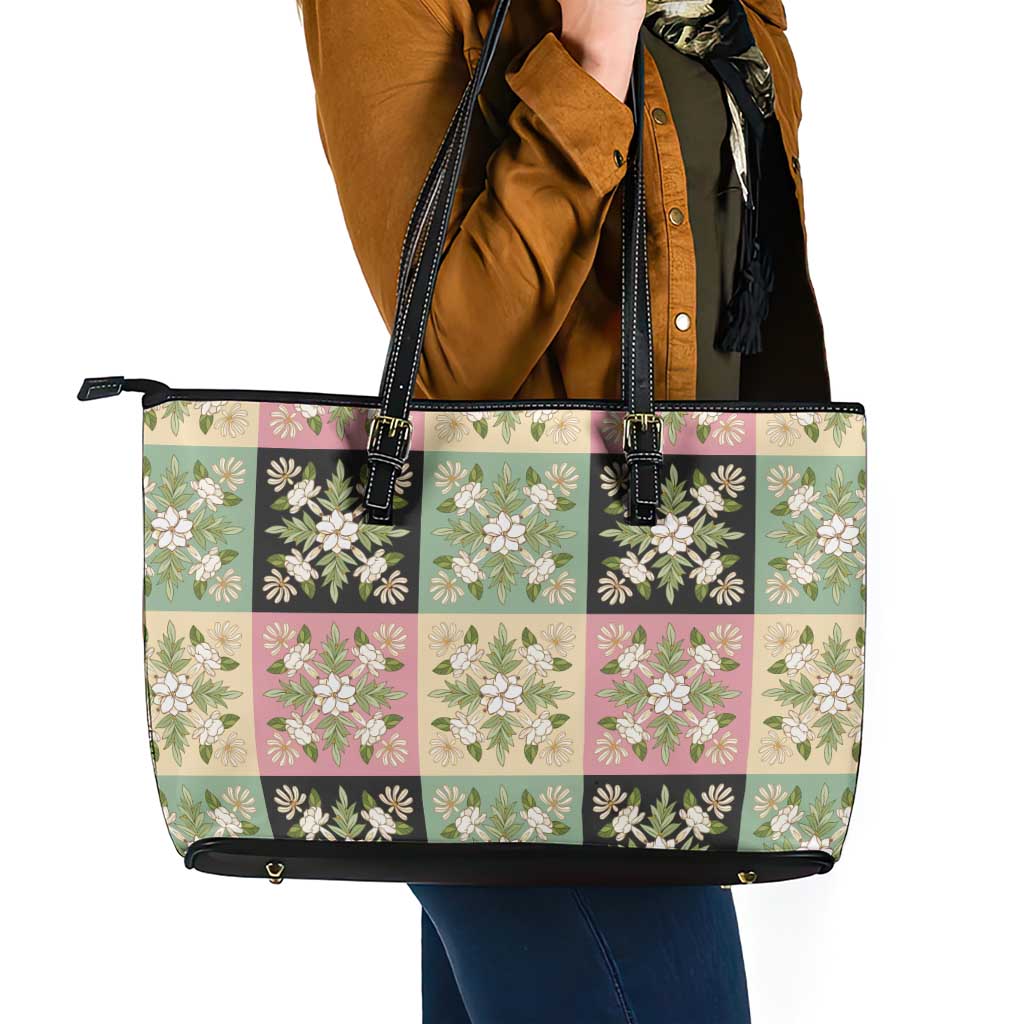 Seamless Pattern Maile and Pikake Lei Leather Tote Bag Squares Maile Leaf LT9 - Polynesian Pride