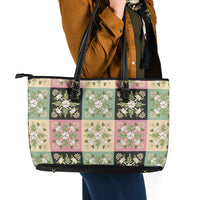 Seamless Pattern Maile and Pikake Lei Leather Tote Bag Squares Maile Leaf LT9 - Polynesian Pride