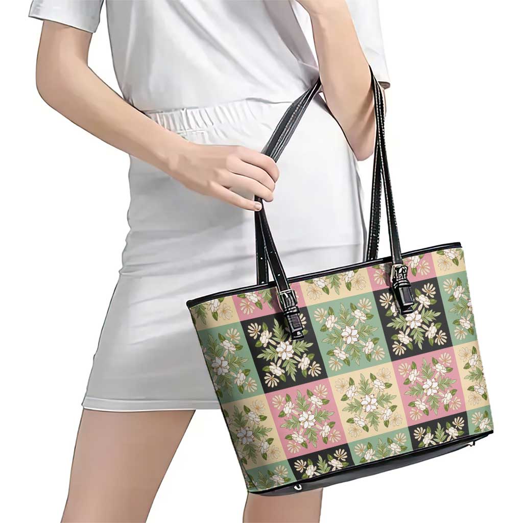 Seamless Pattern Maile and Pikake Lei Leather Tote Bag Squares Maile Leaf LT9 - Polynesian Pride