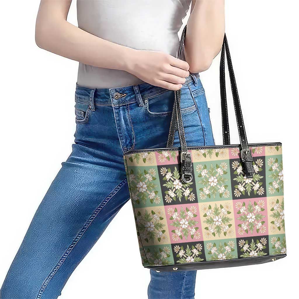 Seamless Pattern Maile and Pikake Lei Leather Tote Bag Squares Maile Leaf LT9 - Polynesian Pride