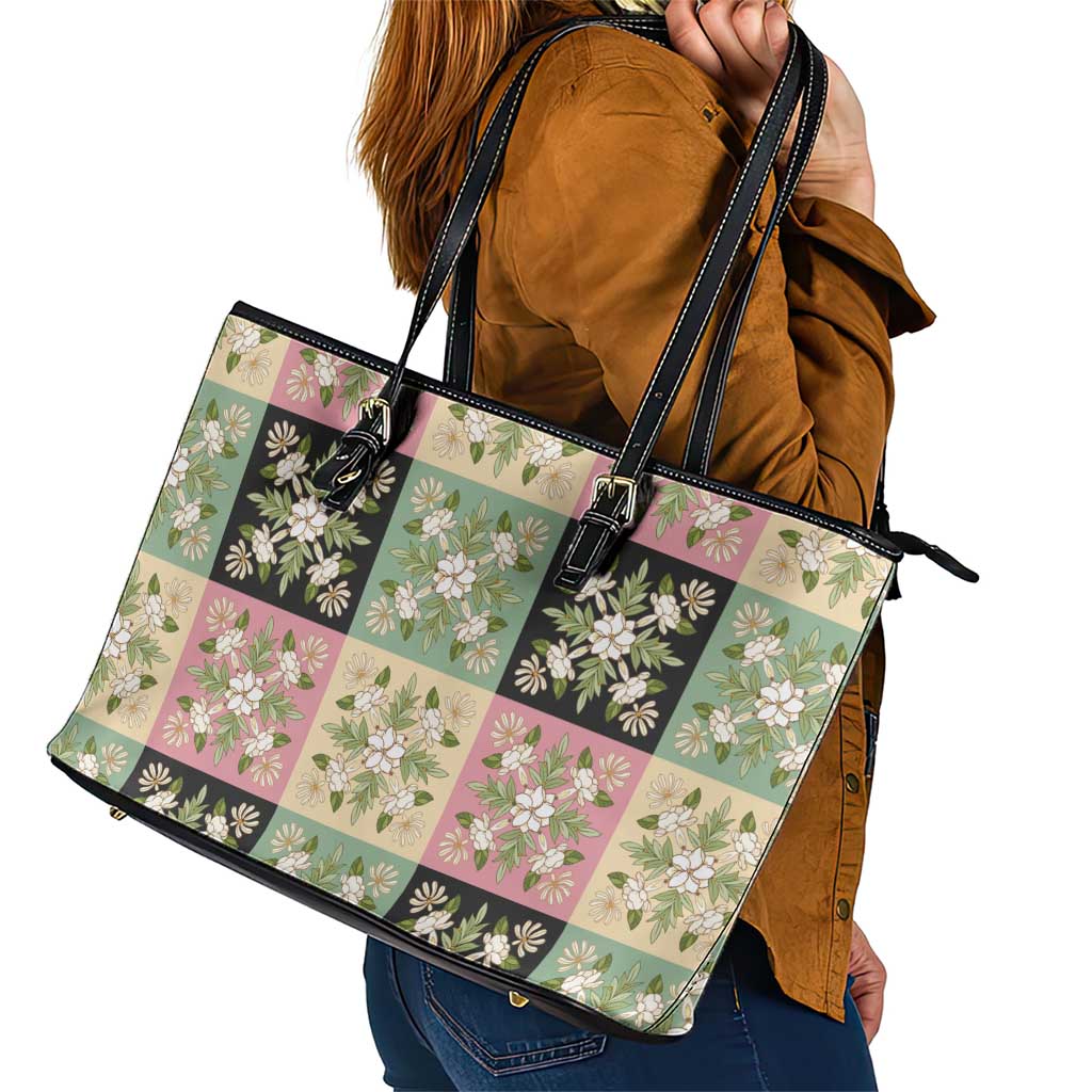 Seamless Pattern Maile and Pikake Lei Leather Tote Bag Squares Maile Leaf LT9 - Polynesian Pride