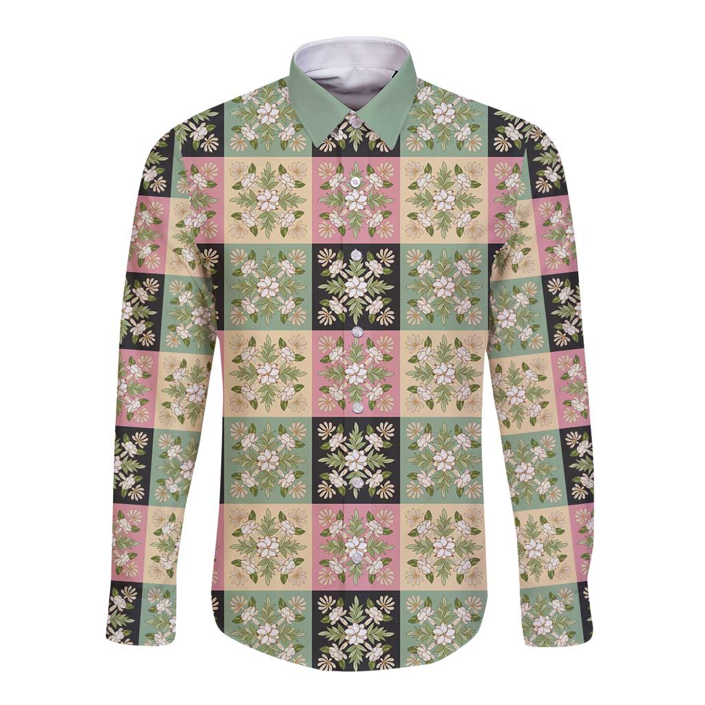 Seamless Pattern Maile and Pikake Lei Long Sleeve Button Shirt Squares Maile Leaf LT9 Unisex Green - Polynesian Pride