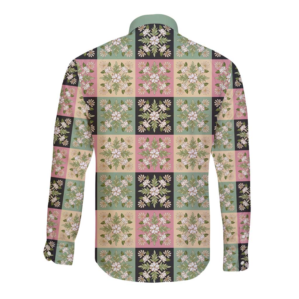 Seamless Pattern Maile and Pikake Lei Long Sleeve Button Shirt Squares Maile Leaf LT9 - Polynesian Pride