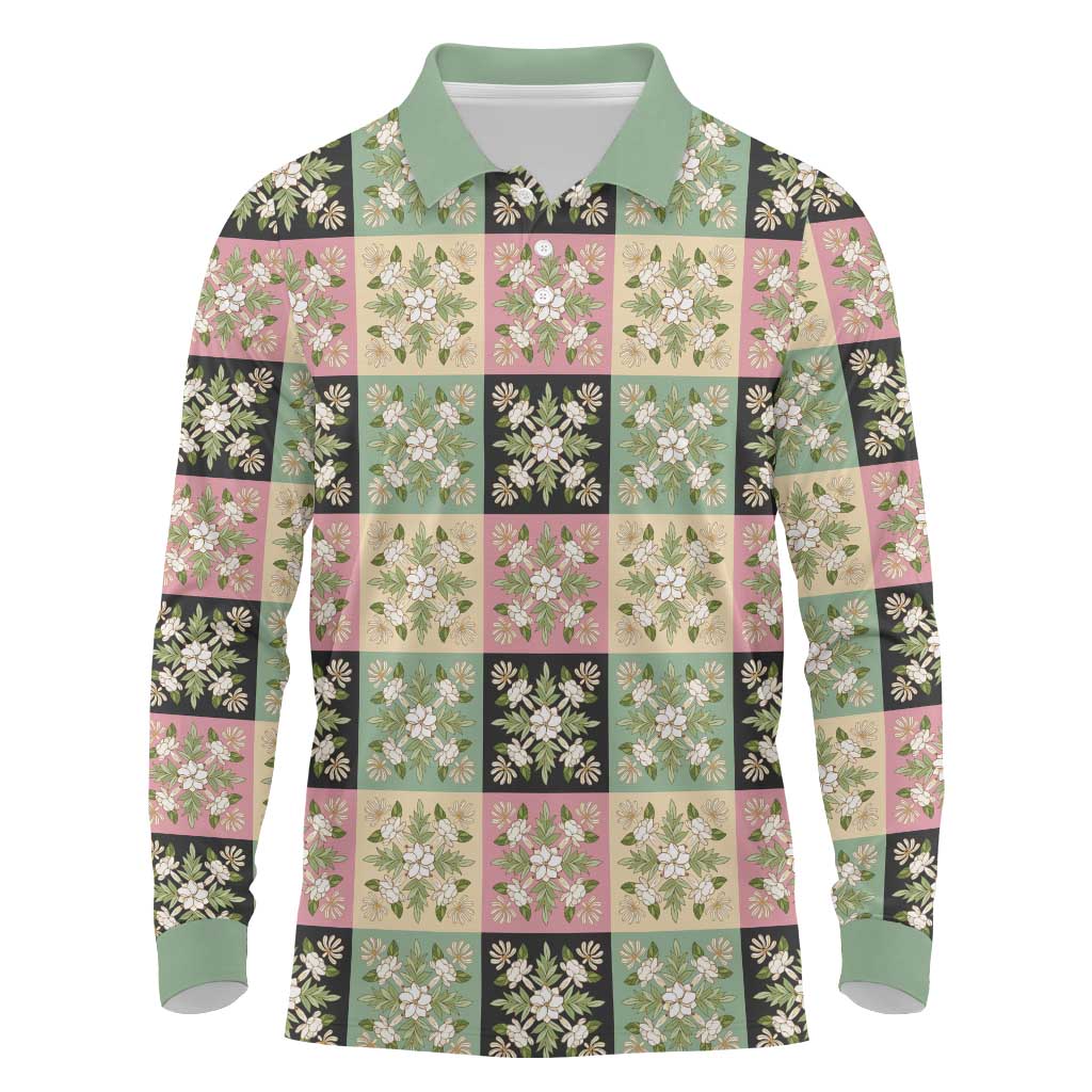 Seamless Pattern Maile and Pikake Lei Long Sleeve Polo Shirt Squares Maile Leaf - Polynesian Pride