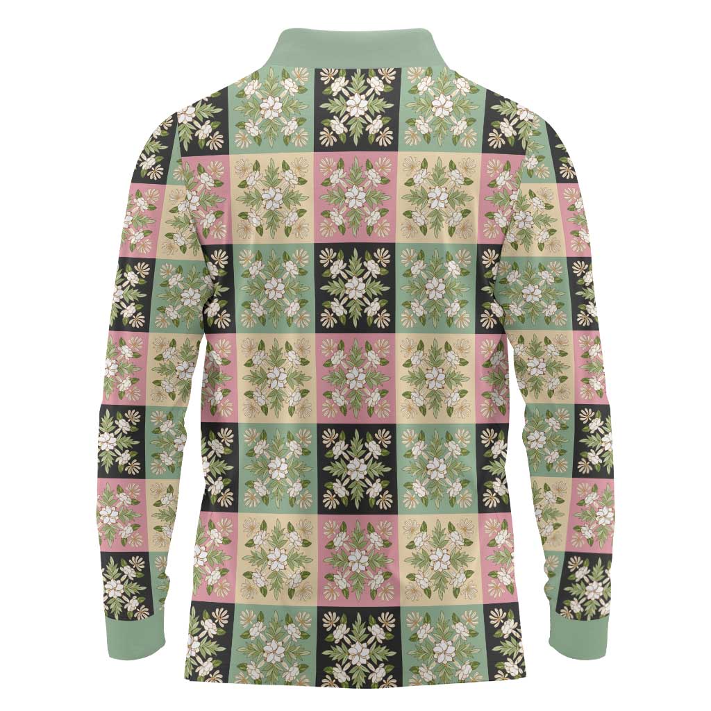 Seamless Pattern Maile and Pikake Lei Long Sleeve Polo Shirt Squares Maile Leaf - Polynesian Pride