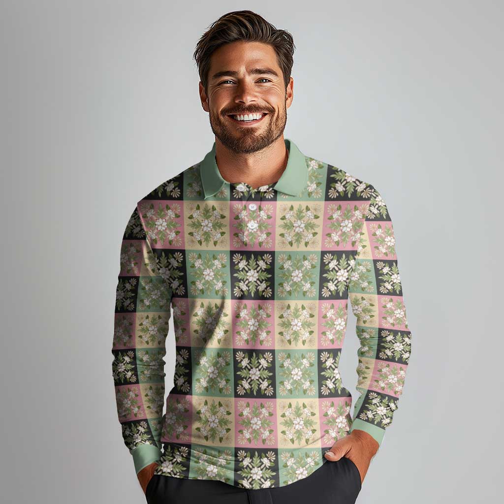 Seamless Pattern Maile and Pikake Lei Long Sleeve Polo Shirt Squares Maile Leaf - Polynesian Pride