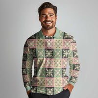 Seamless Pattern Maile and Pikake Lei Long Sleeve Polo Shirt Squares Maile Leaf - Polynesian Pride