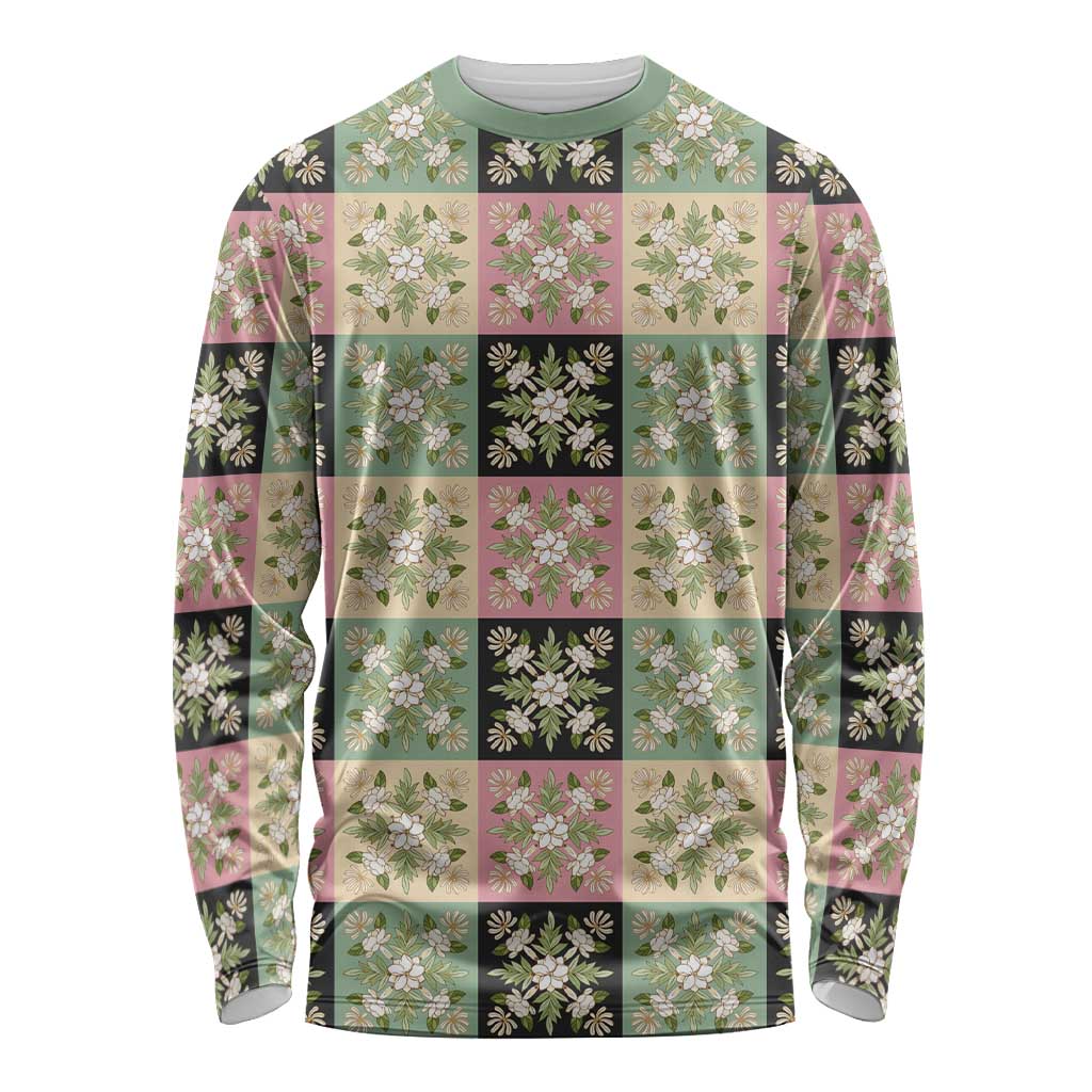 Seamless Pattern Maile and Pikake Lei Long Sleeve Shirt Squares Maile Leaf - Polynesian Pride