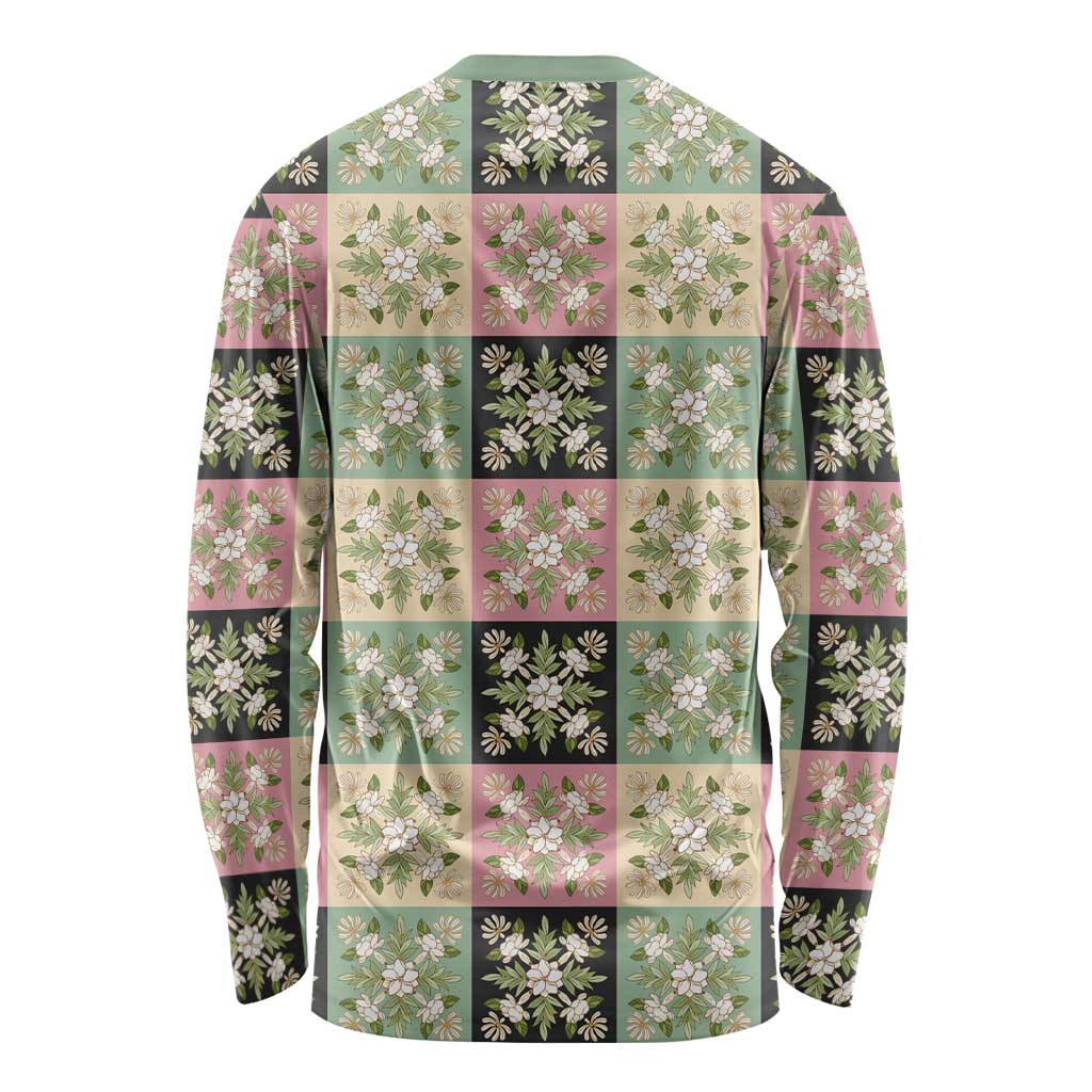 Seamless Pattern Maile and Pikake Lei Long Sleeve Shirt Squares Maile Leaf - Polynesian Pride