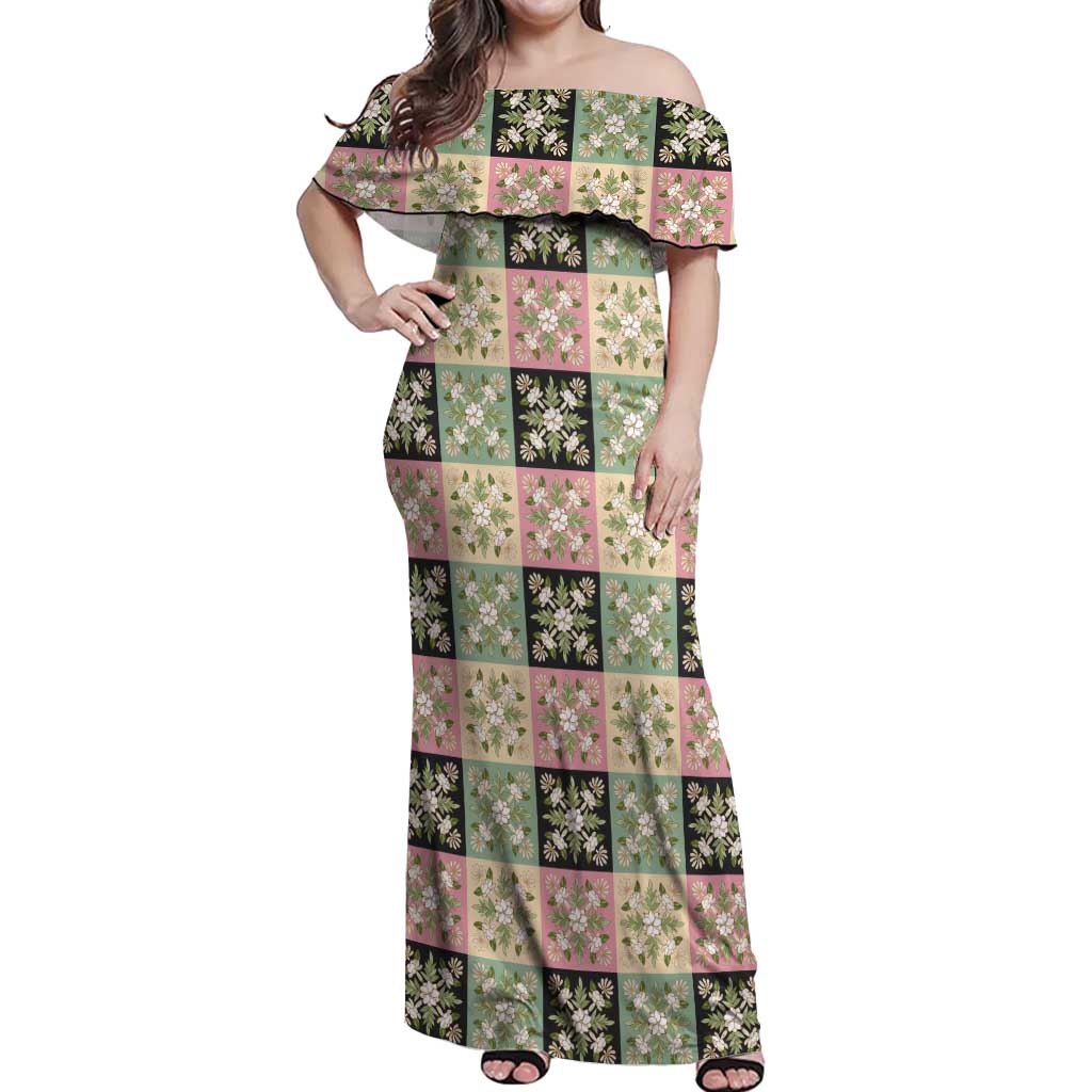 Seamless Pattern Maile and Pikake Lei Off Shoulder Maxi Dress Squares Maile Leaf LT9 Women Green - Polynesian Pride