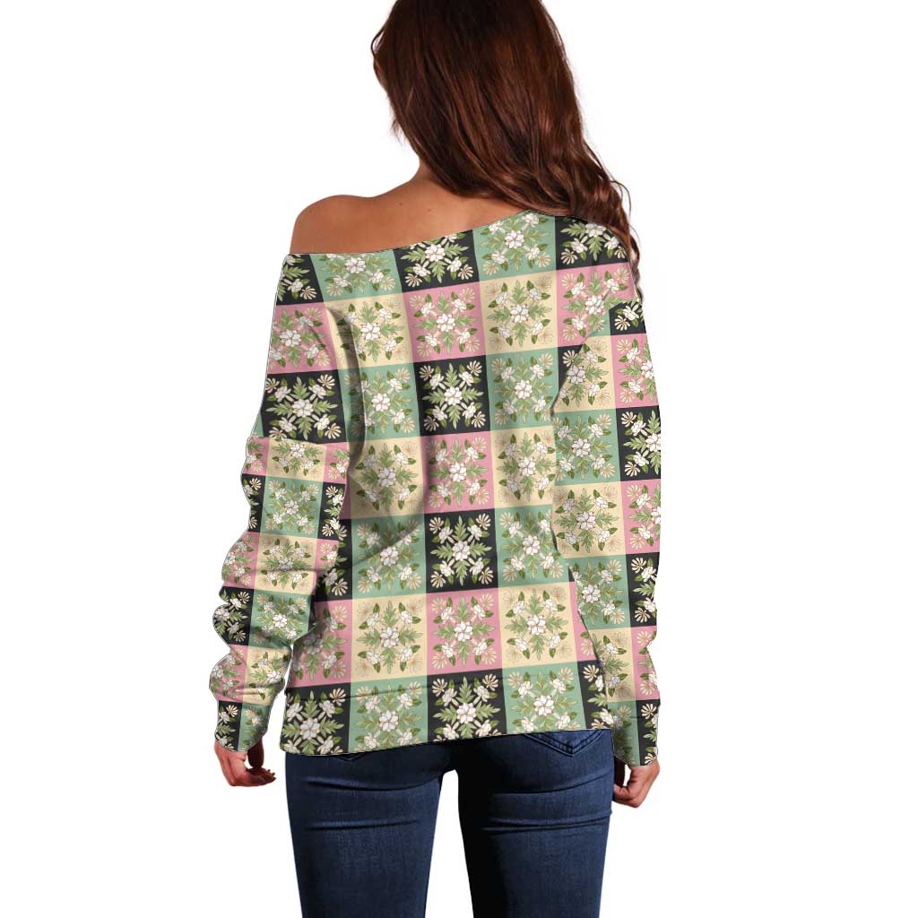 Seamless Pattern Maile and Pikake Lei Off Shoulder Sweater Squares Maile Leaf - Polynesian Pride