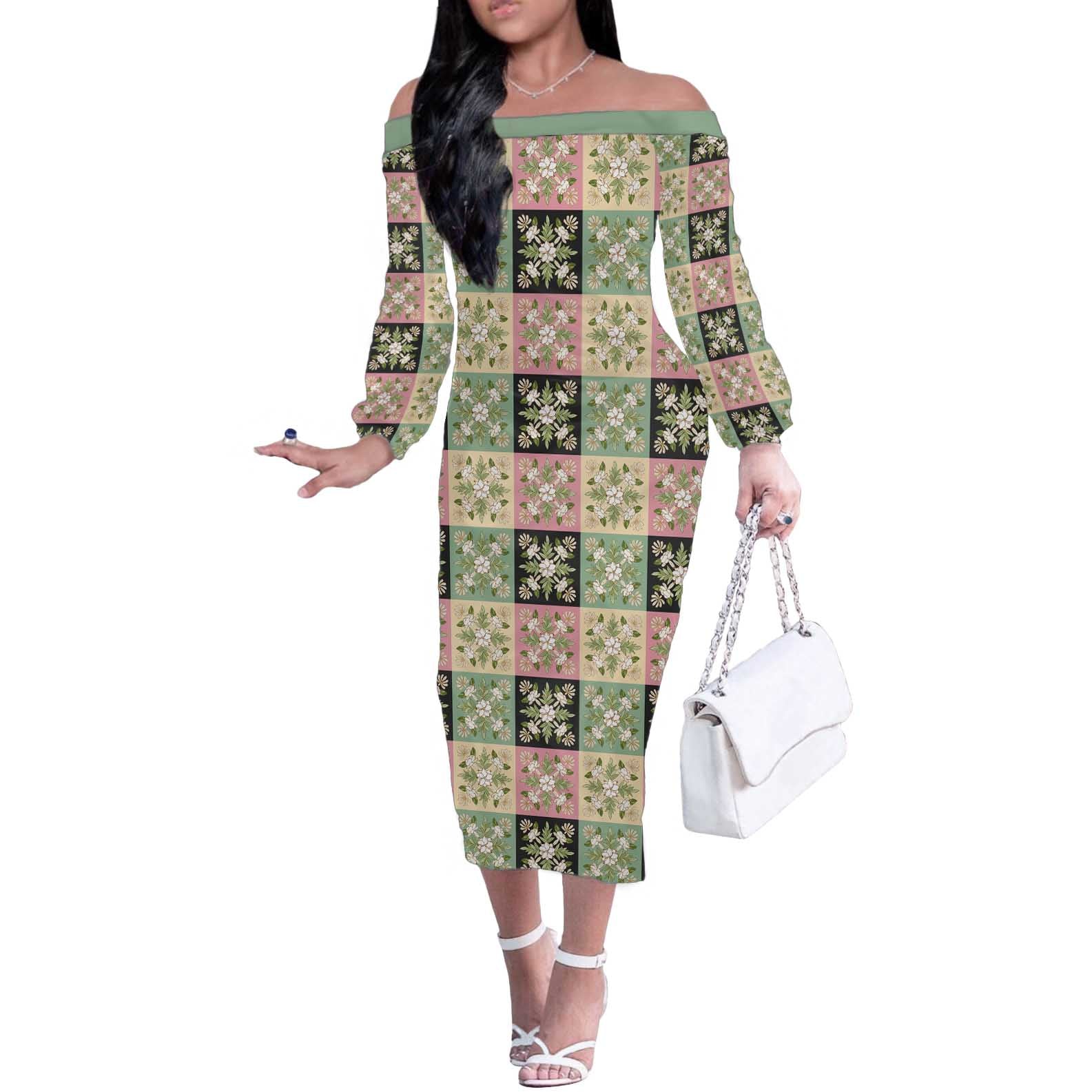 Seamless Pattern Maile and Pikake Lei Off The Shoulder Long Sleeve Dress Squares Maile Leaf LT9 Women Green - Polynesian Pride