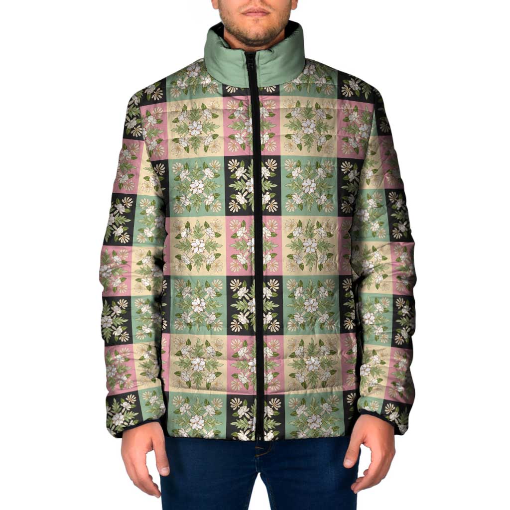 Seamless Pattern Maile and Pikake Lei Padded Jacket Squares Maile Leaf LT9 Men Green - Polynesian Pride