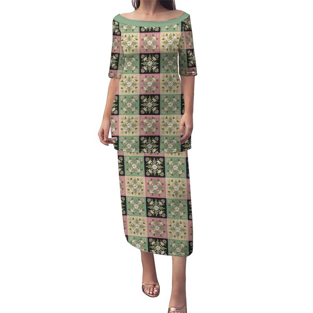 Seamless Pattern Maile and Pikake Lei Puletasi Squares Maile Leaf LT9 Long Dress Green - Polynesian Pride