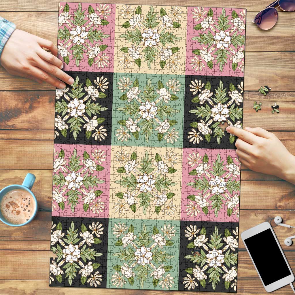 Seamless Pattern Maile and Pikake Lei Puzzle Squares Maile Leaf LT9 Green - Polynesian Pride