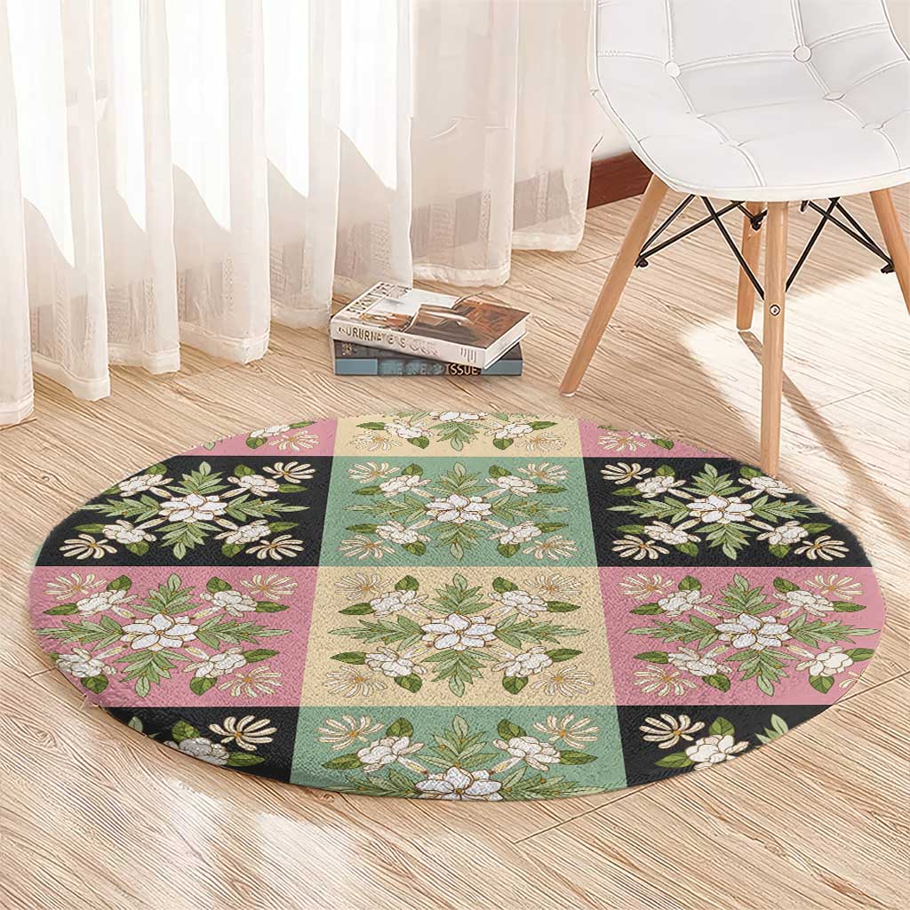 Seamless Pattern Maile and Pikake Lei Round Carpet Squares Maile Leaf - Polynesian Pride