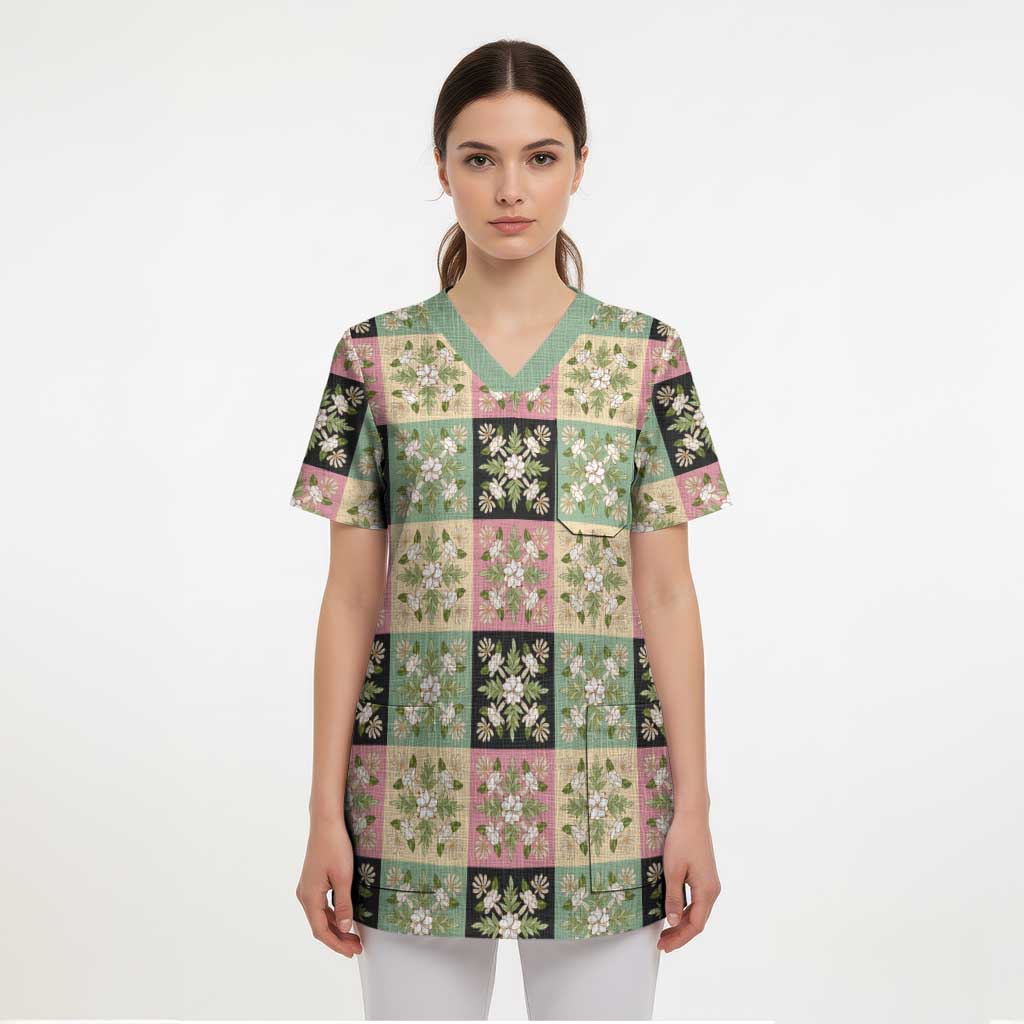 Seamless Pattern Maile and Pikake Lei Scrub Top Squares Maile Leaf - Polynesian Pride
