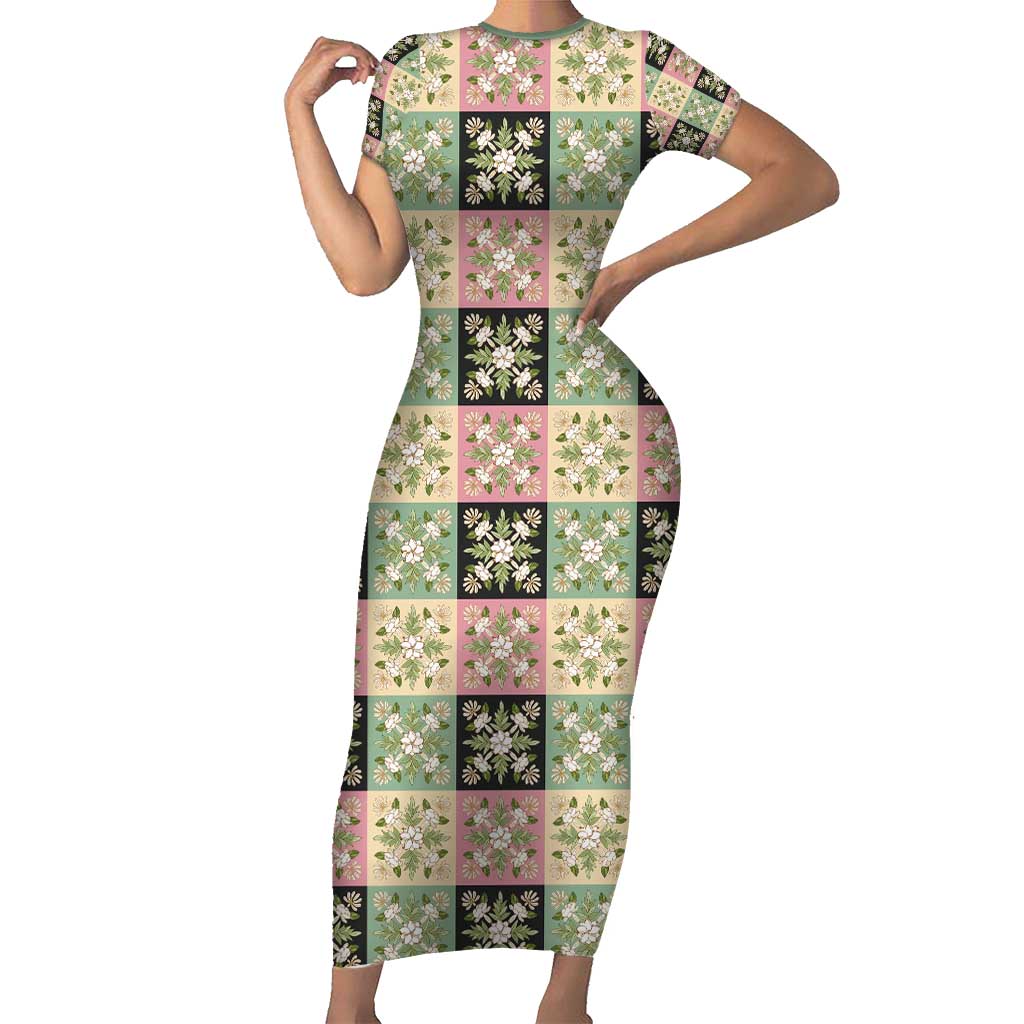 Seamless Pattern Maile and Pikake Lei Short Sleeve Bodycon Dress Squares Maile Leaf LT9 Long Dress Green - Polynesian Pride