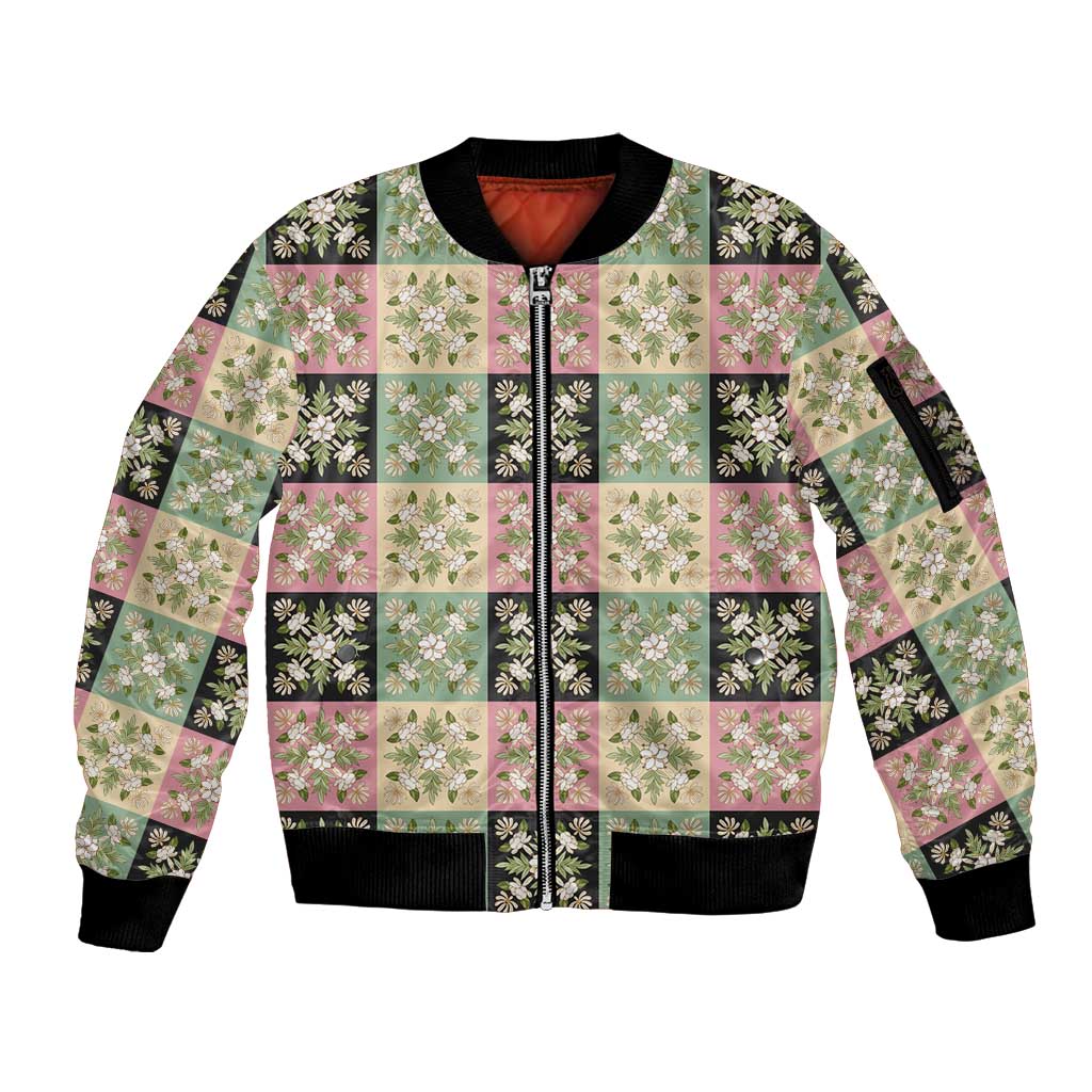 Seamless Pattern Maile and Pikake Lei Sleeve Zip Bomber Jacket Squares Maile Leaf LT9 Unisex Green - Polynesian Pride
