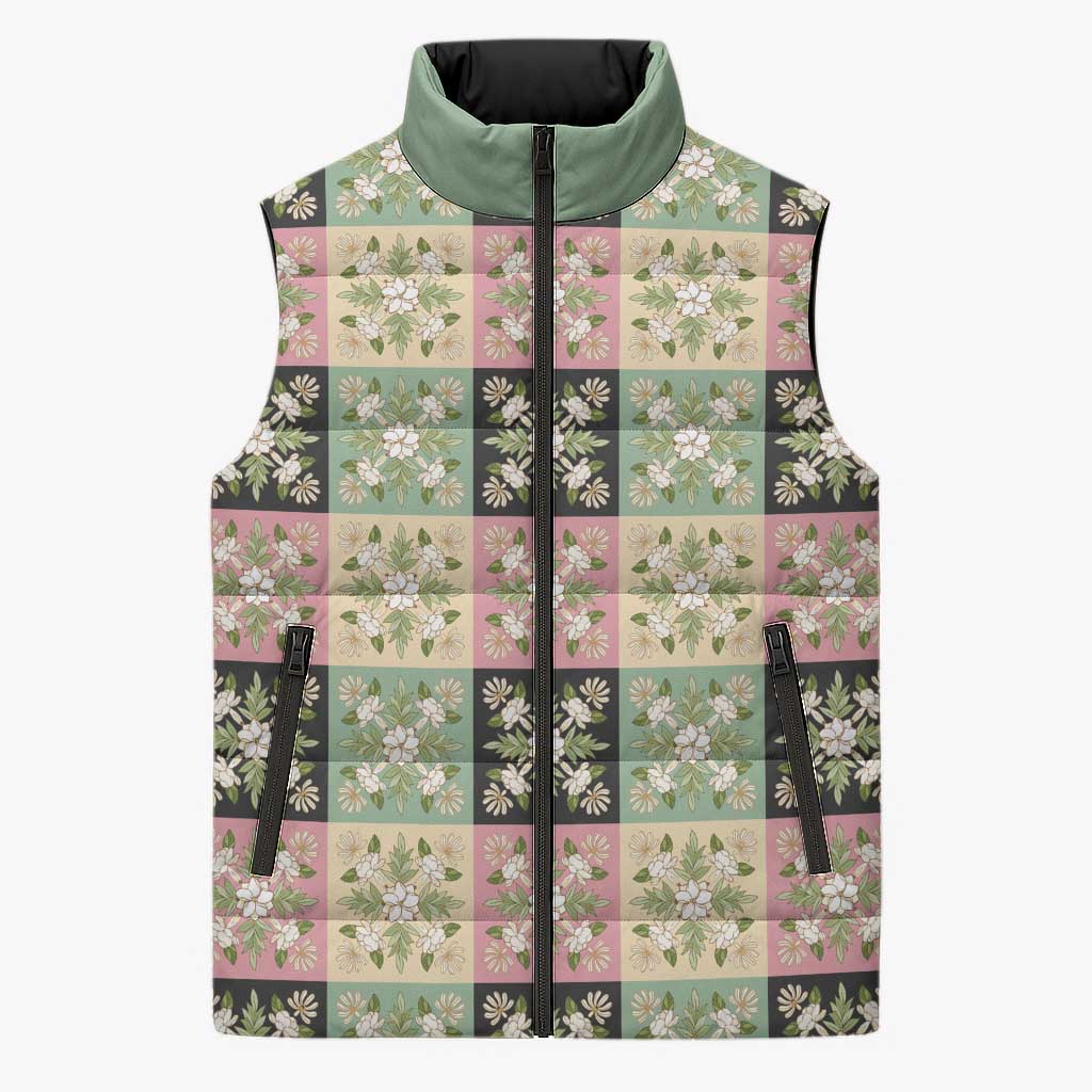 Seamless Pattern Maile and Pikake Lei Sleeveless Puffer Jacket Squares Maile Leaf LT9 Unisex Green - Polynesian Pride