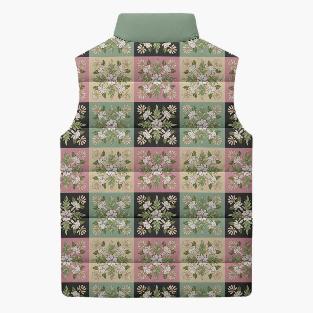 Seamless Pattern Maile and Pikake Lei Sleeveless Puffer Jacket Squares Maile Leaf LT9 - Polynesian Pride