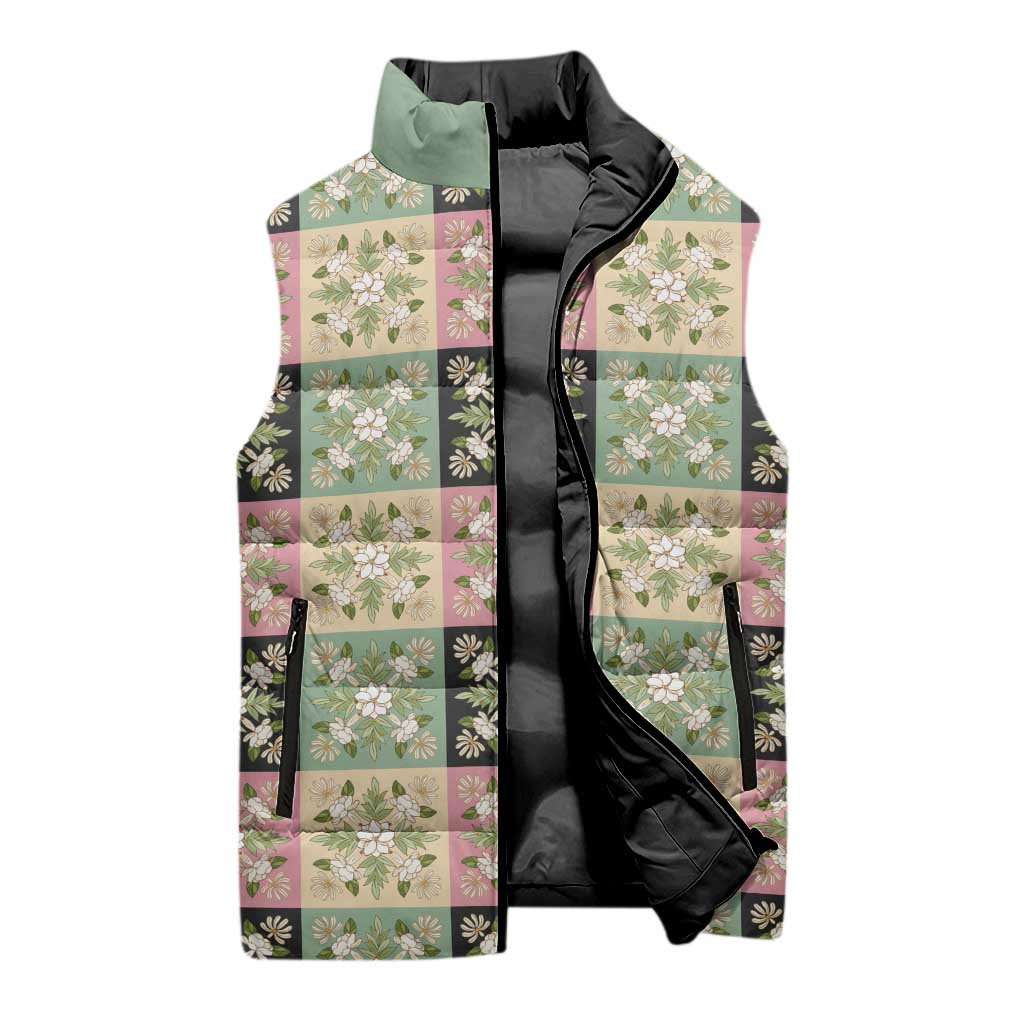 Seamless Pattern Maile and Pikake Lei Sleeveless Puffer Jacket Squares Maile Leaf LT9 - Polynesian Pride