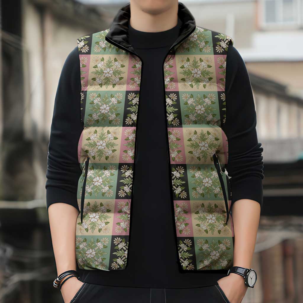 Seamless Pattern Maile and Pikake Lei Sleeveless Puffer Jacket Squares Maile Leaf LT9 - Polynesian Pride