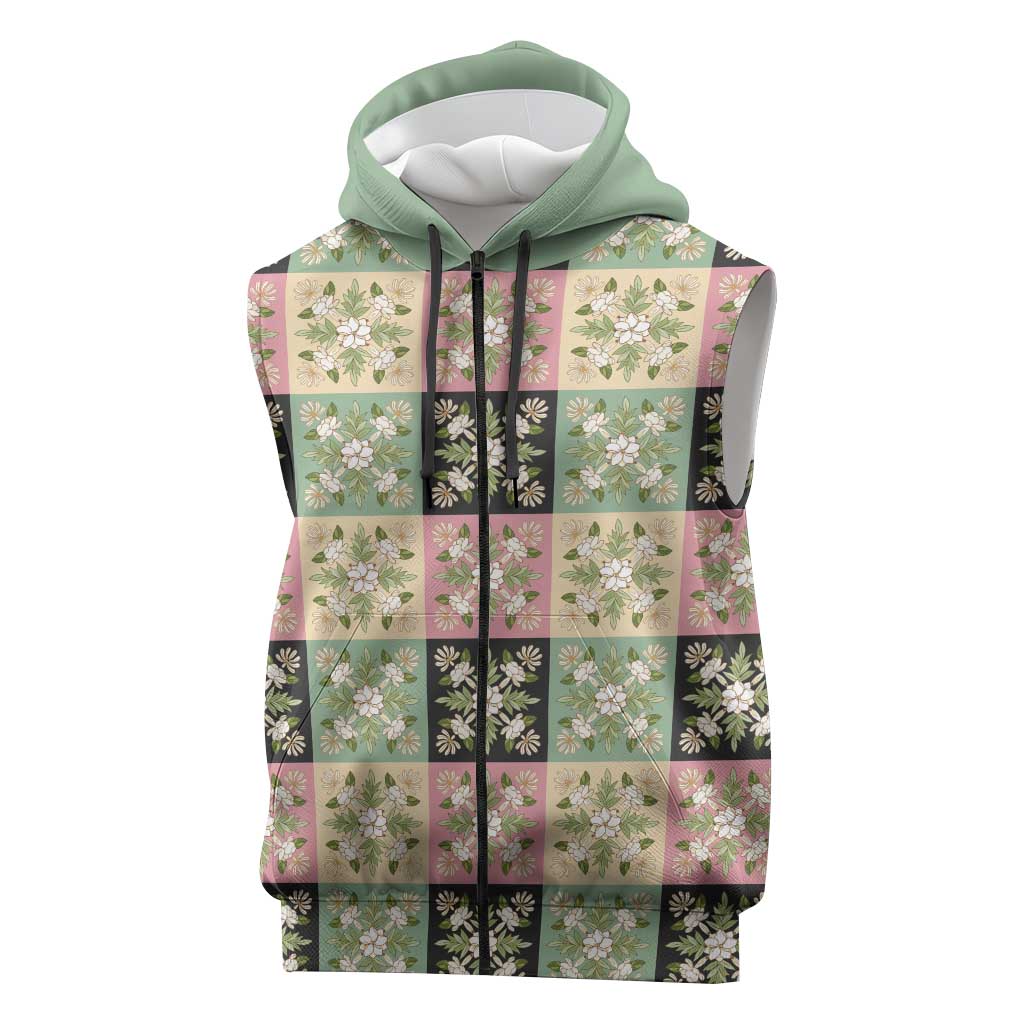 Seamless Pattern Maile and Pikake Lei Sleeveless Zip Hoodie Squares Maile Leaf LT9 Green - Polynesian Pride