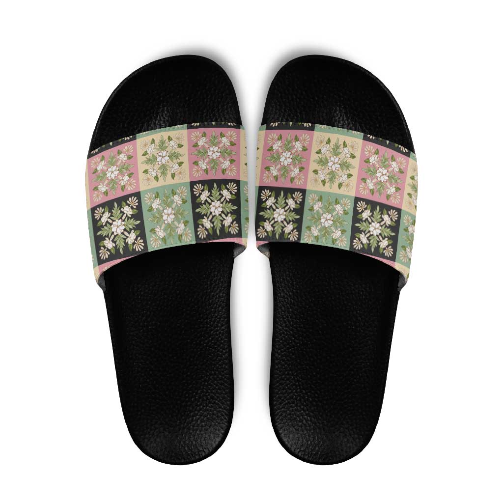Seamless Pattern Maile and Pikake Lei Slide Sandals Squares Maile Leaf LT9 Green - Polynesian Pride
