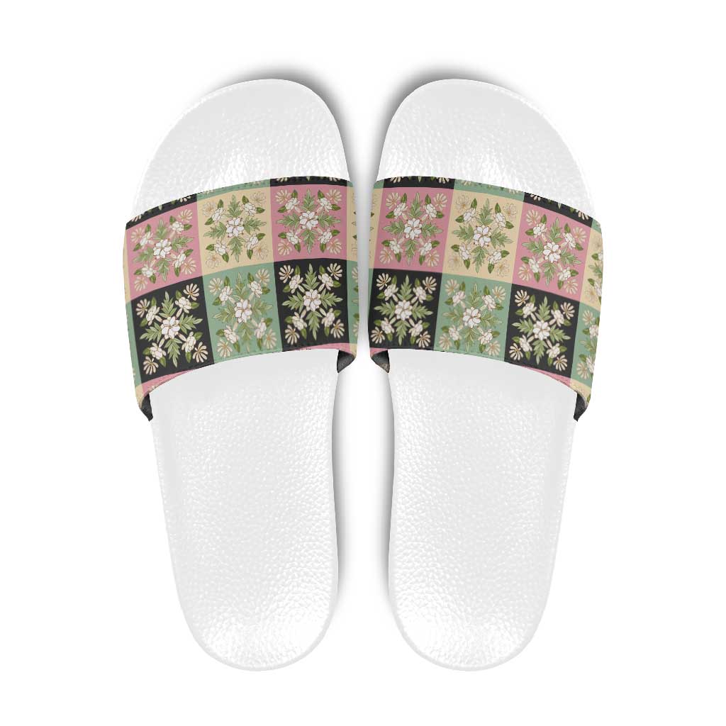 Seamless Pattern Maile and Pikake Lei Slide Sandals Squares Maile Leaf LT9 Green - Polynesian Pride
