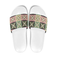 Seamless Pattern Maile and Pikake Lei Slide Sandals Squares Maile Leaf LT9 Green - Polynesian Pride