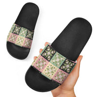 Seamless Pattern Maile and Pikake Lei Slide Sandals Squares Maile Leaf LT9 - Polynesian Pride