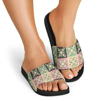Seamless Pattern Maile and Pikake Lei Slide Sandals Squares Maile Leaf LT9 - Polynesian Pride