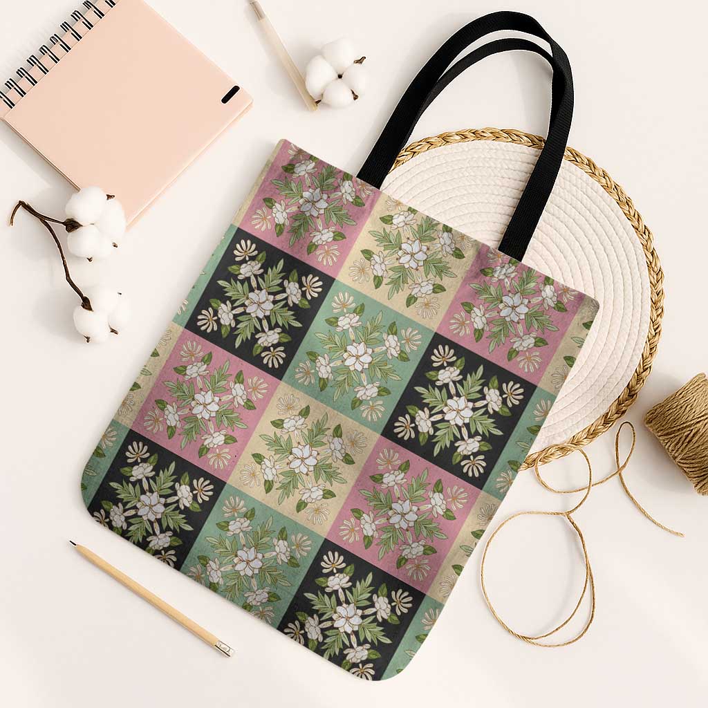 Seamless Pattern Maile and Pikake Lei Tote Bag Squares Maile Leaf - Polynesian Pride