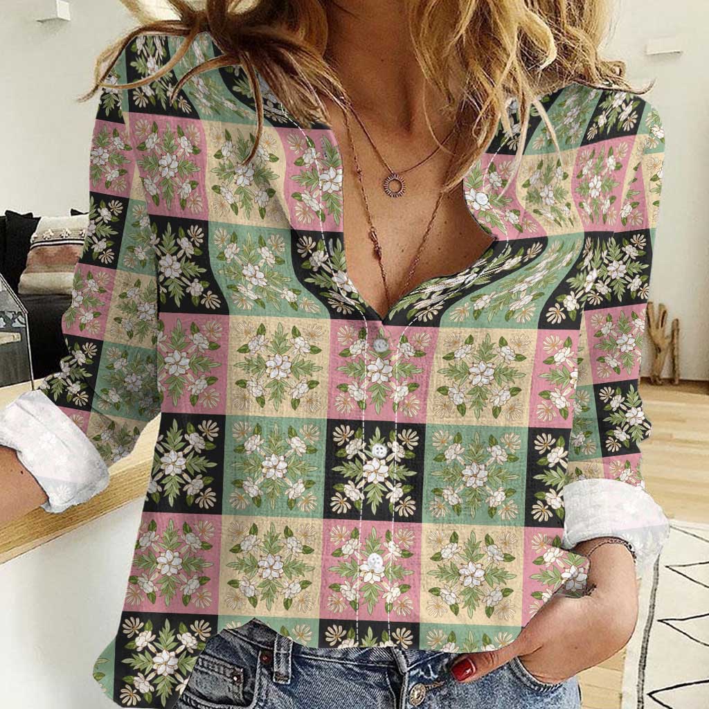 Seamless Pattern Maile and Pikake Lei Women Casual Shirt Squares Maile Leaf LT9 Female Green - Polynesian Pride
