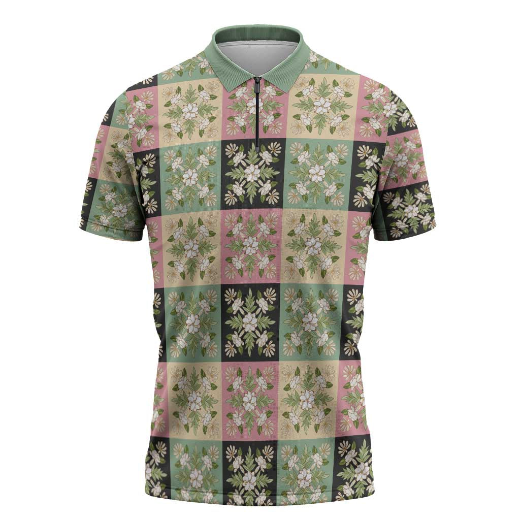 Seamless Pattern Maile and Pikake Lei Zipper Polo Shirt Squares Maile Leaf LT9 Green - Polynesian Pride