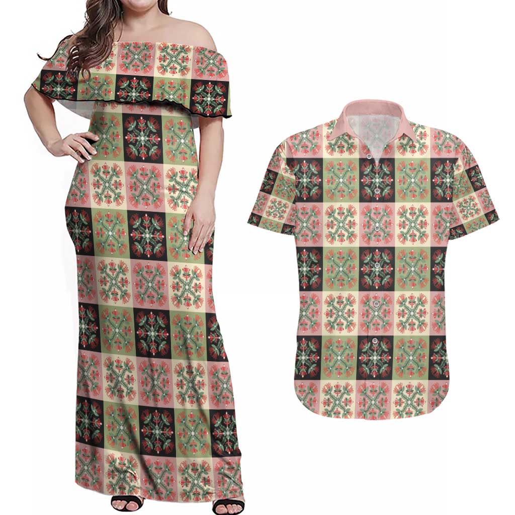 Seamless Pattern Pikake Lei Couples Matching Off Shoulder Maxi Dress and Hawaiian Shirt Floral Squares Pikake - Polynesian Pride