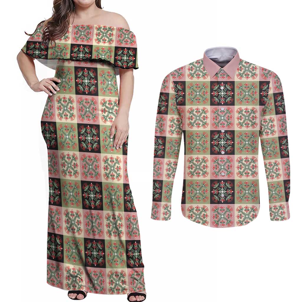 Seamless Pattern Pikake Lei Couples Matching Off Shoulder Maxi Dress and Long Sleeve Button Shirt Floral Squares Pikake - Polynesian Pride