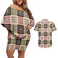Seamless Pattern Pikake Lei Couples Matching Off Shoulder Short Dress and Hawaiian Shirt Floral Squares Pikake - Polynesian Pride
